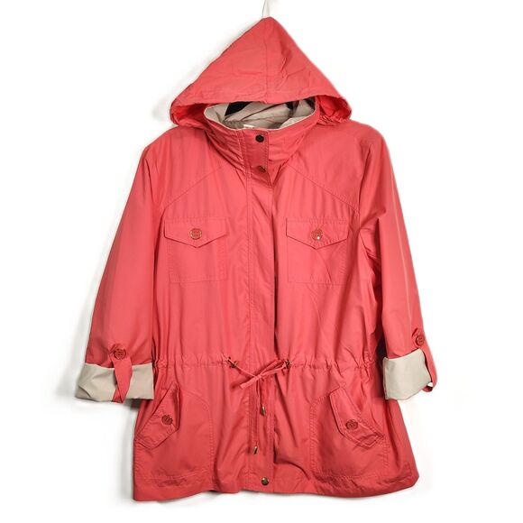 JM Collection Hooded Jacket Large Women's Coral Lightweight Mid Length Coat - Picture 1 of 7